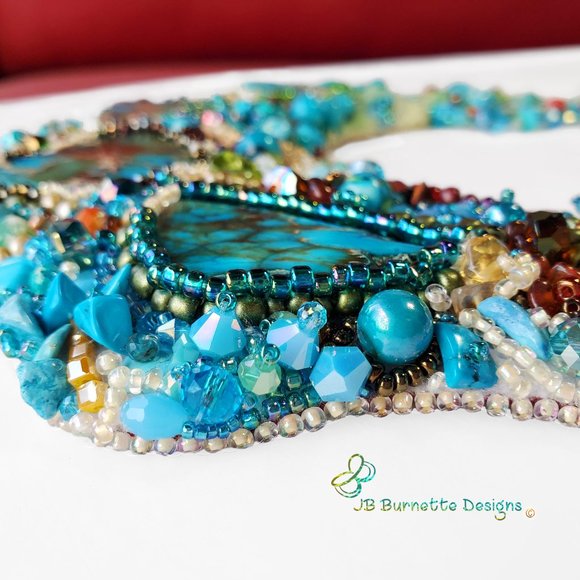 Turquoise Beaded Embroidery Statement Free-form Bib Necklace, Handmade Jewelry - Picture 6 of 10